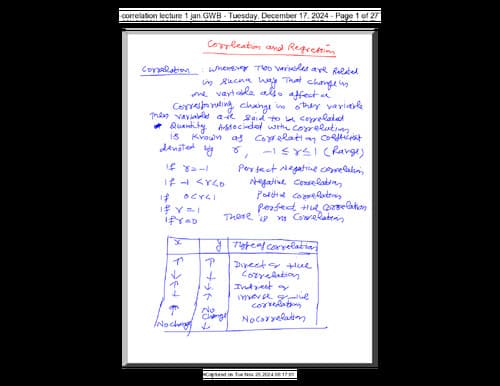 First page of Handwritten notes of correlation and regression statistics