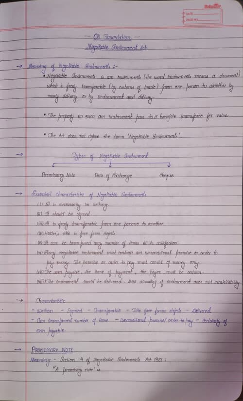 First page of Bass etna kar lo Negotiable instruments handwritten notes