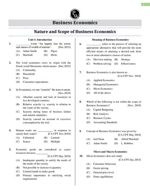 First page of PW assignment Questions - Economics