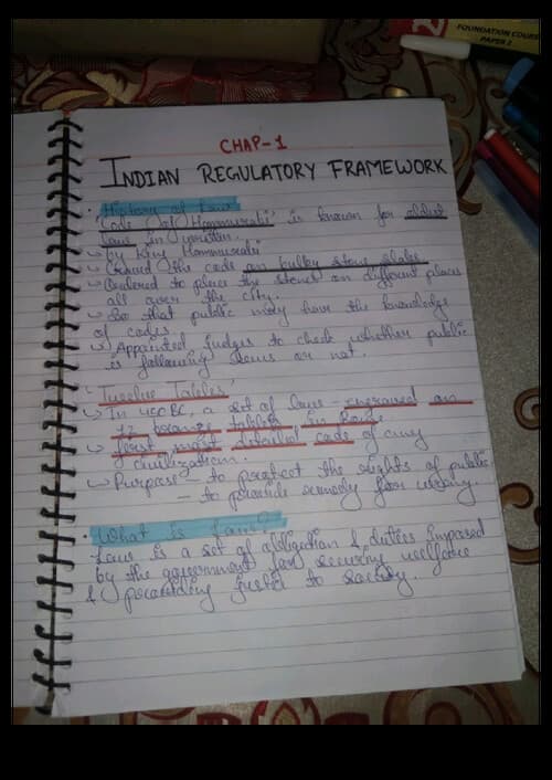 First page of Business Law chap -1 indian regulatory framework (hand written detailed note)