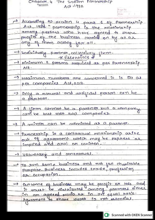 First page of Handwritten notes of partnership act