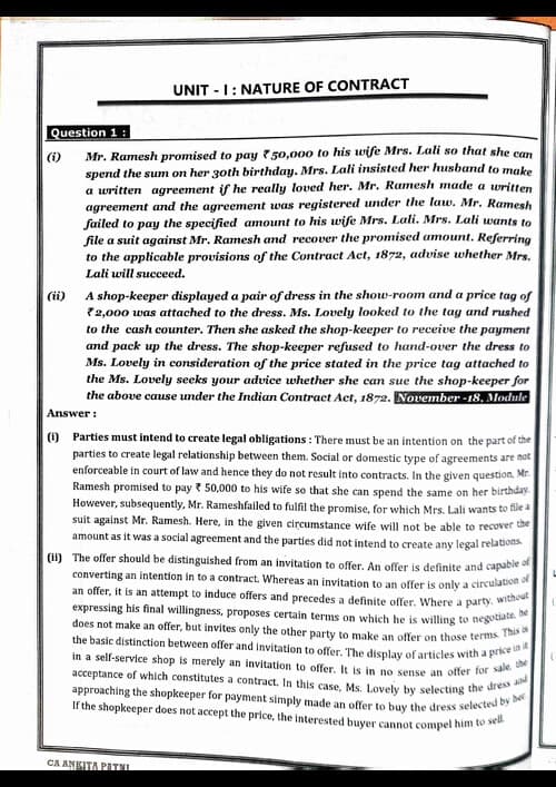 First page of The Indian contact act 1872 full chapter question bank