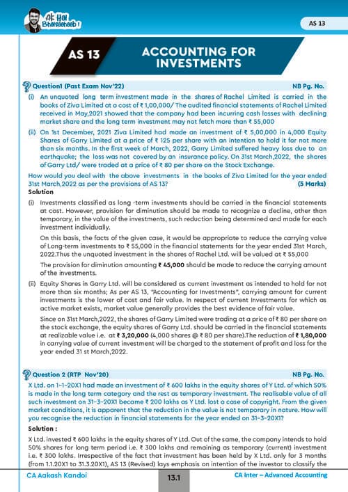 First page of AS 13: Accounting for Investments all important questions by CA Aakash Kandoi Sir.
