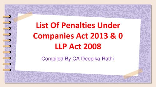 First page of List of Penalties under Companies Act, 2013 and LLP Act, 2008 by CA Deepika Rathi.