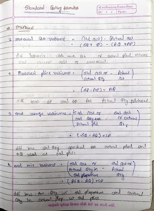 First page of Standard costing formula