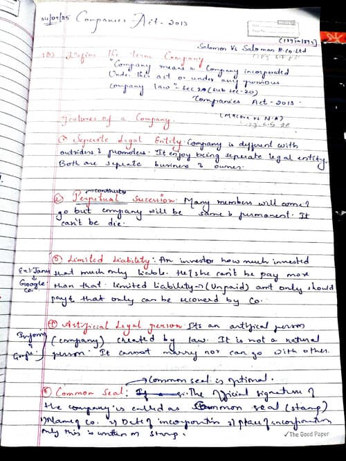 First page of Companies act handwritten notes which will be useful