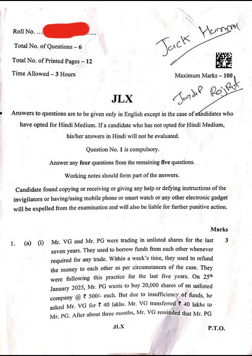 First page of CA FOUNDATION SEPTEMBER 25 BUSINESS LAW QUESTION PAPER