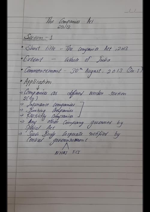 First page of THE COMPANIES ACT 2013 HANDWRITTEN NOTES JK SHAH INSTITUTE