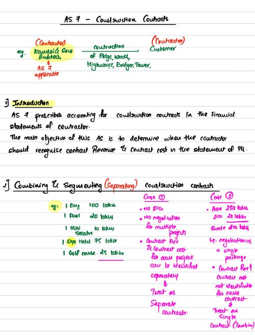 First page of AS 7: Construction Contracts handwritten notes by CA Aakash Kandoi Sir.
