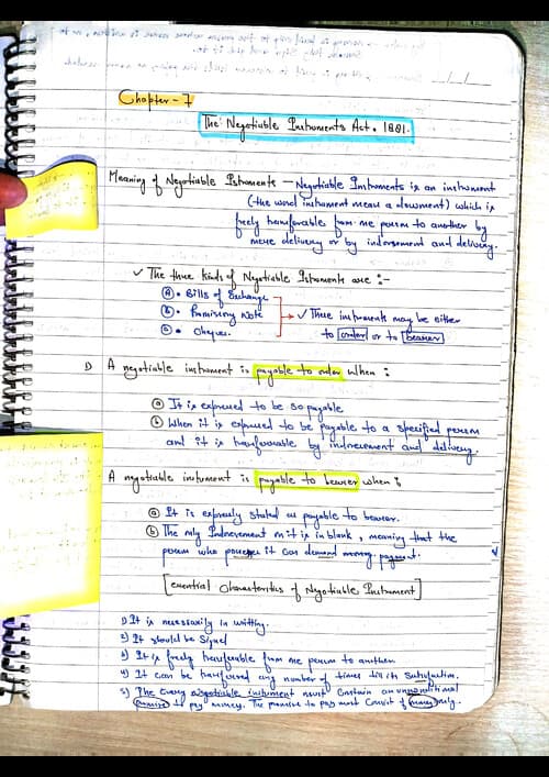 First page of Negotiable instrument act, notes (handwritten) business law.