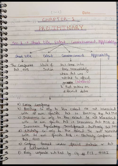 First page of Chapter 1 Preliminary Corporate and Other Laws Handwritten notes Quick Summary