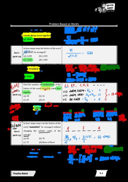 First page of Aman khedia permutations and combinations mtps pyqs questions