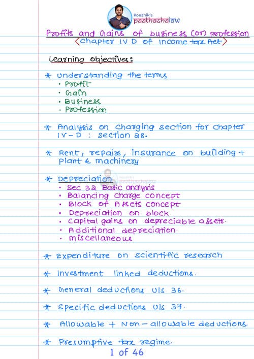 First page of CA Inter - Direct Tax : PGBP Detailed Handwritten notes