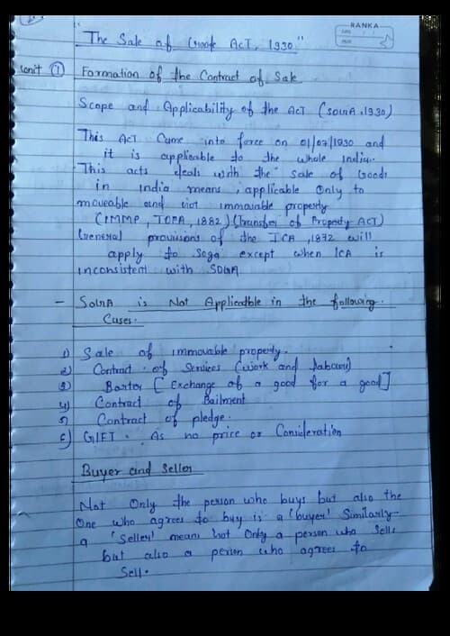 First page of The sales of goods act 1930 Handwritten notes unit 1 to 3