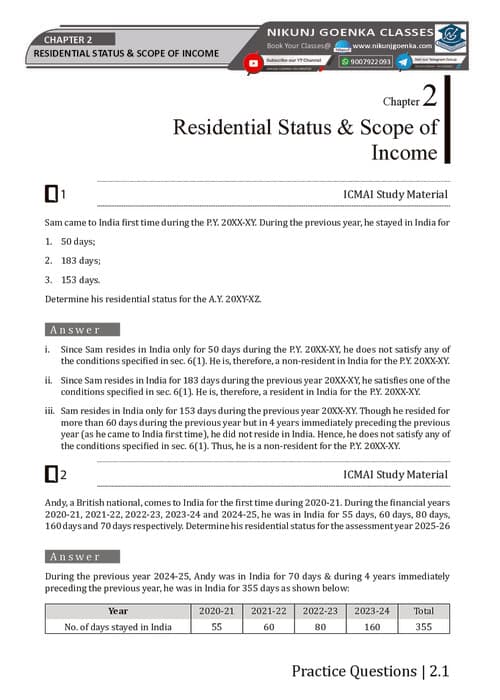 First page of Best question for practice residential status and scope of income