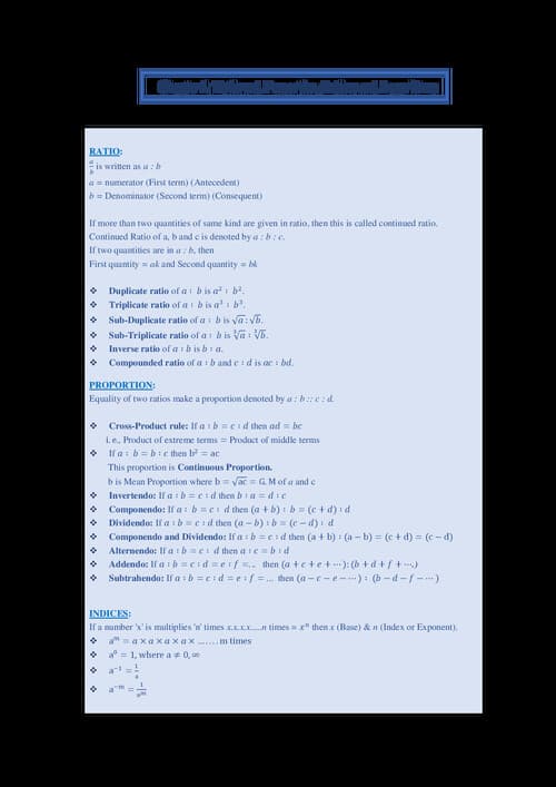 First page of CA FOUNDATION QUANTITATIVE APTITUDE RATIO AND PROPORTION,INDICES AND LOGARITHM