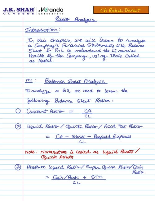 First page of Fully hand written notes of FM of CA Rahul Danit. Ratio Analysis