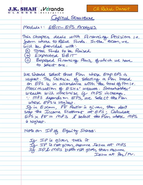 First page of Fully hand written notes of FM of CA Rahul Danit. Capital structure