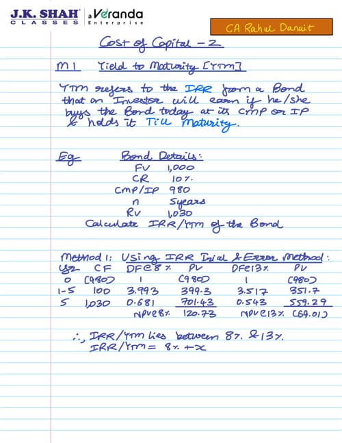 First page of Fully hand written notes of FM of CA Rahul Danit. Cost of capital 2