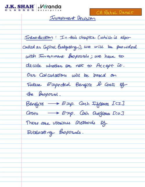 First page of Fully hand written notes of FM of CA Rahul Danit. Investment decisions