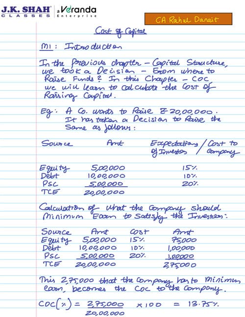 First page of Fully hand written notes of FM of CA Rahul Danit. Cost of capital
