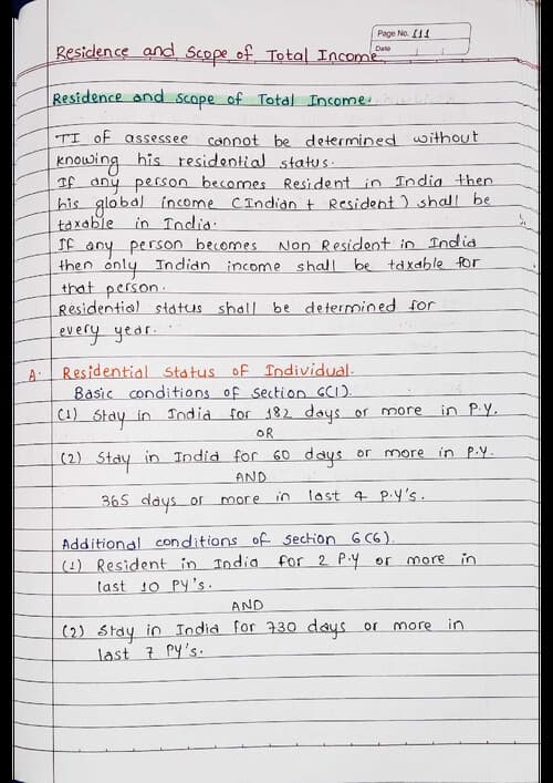First page of Residential Status and Scope of Total Income Handwritten notes (by BB Sir) for May 26.