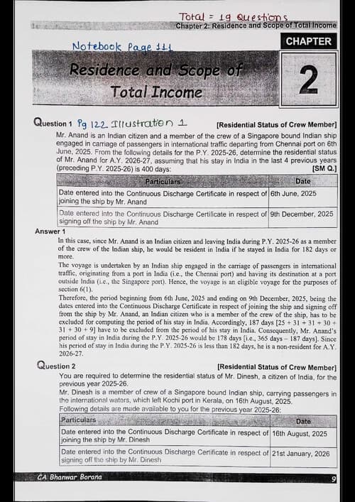 First page of Residential Status and Scope of Total Income Questions Book (by BB Sir) for May 26.