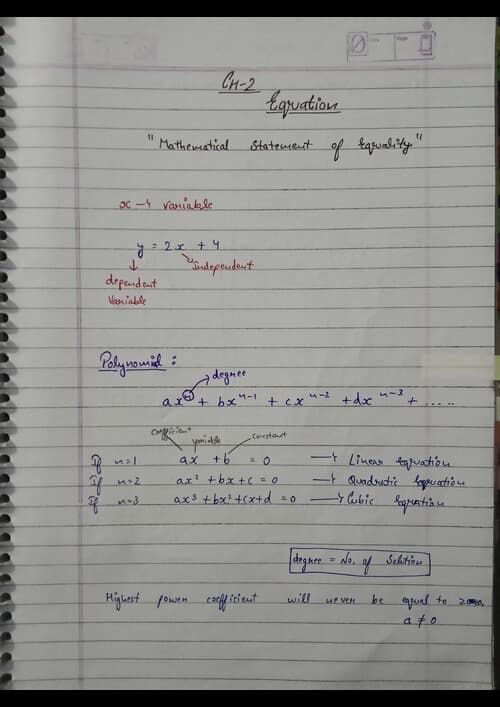 First page of Handwritten notes of Ch-2 Equations Maths