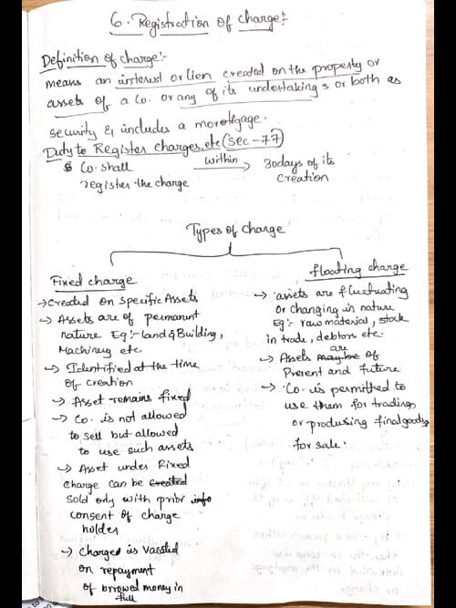 First page of Companies act 2013 Ch-6.Registration of Charges Detailed handwritten notes with Flow Charts