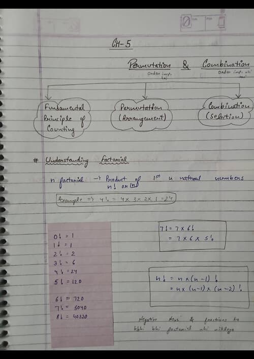 First page of Handwritten notes of ch-5 Permutation & Combination