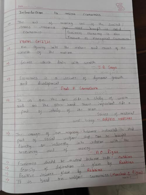 First page of Hand written and summarised notes of Introduction to micro economics