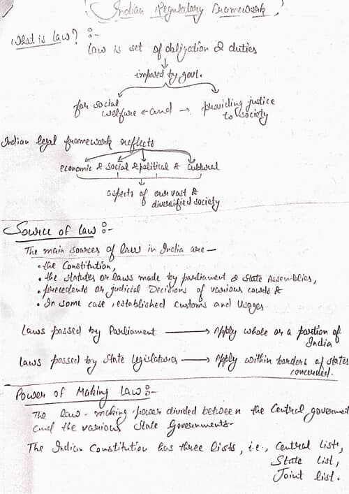 First page of Indian Regulatory Framework (handwritten notes)