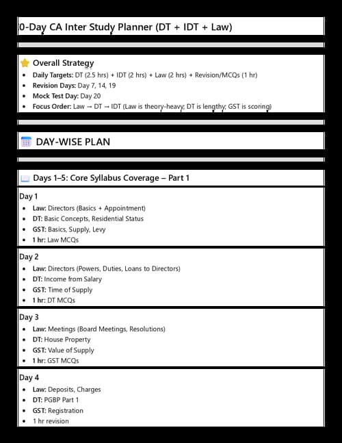 First page of study planner for DT, IDT and law in 20 days