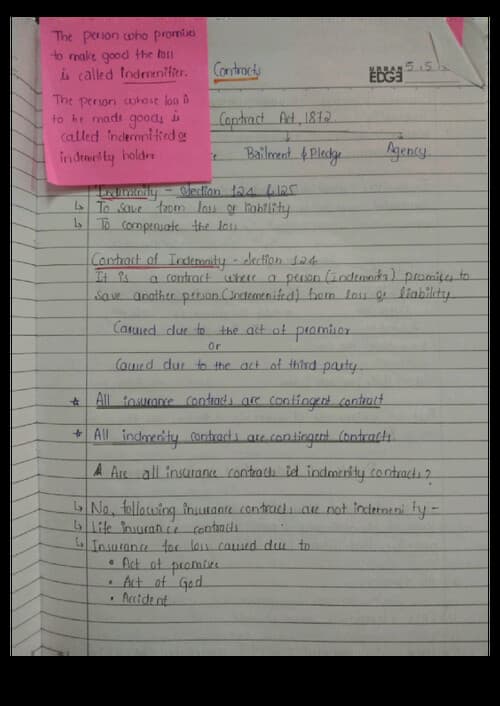 First page of Handwritten notes of special contracts of Indian contact Act,1872