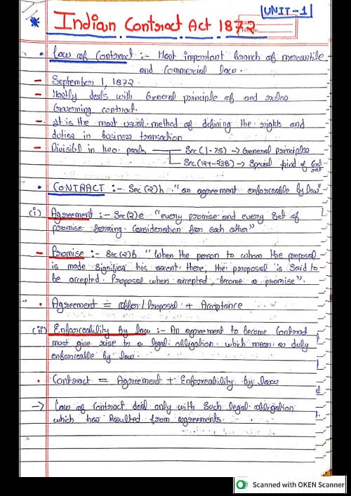 First page of Indian Contract Act 1872 Best handwritten notes