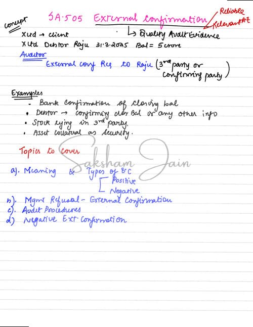 First page of SA 550, SA 501, SA 500, SA 510, SA 505 Handwritten Notes - Revision Notes • SA 550 - Related party • SA 501 - Audit Evidence - Specific Consideration • SA 500 - Audit Evidence • SA 510 - Opening Balances • SA 505 - External Confirmation