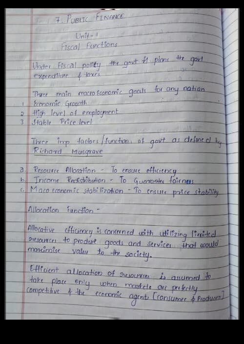 First page of Public Finance (eco) handwritten notes and shorts notes for mcq