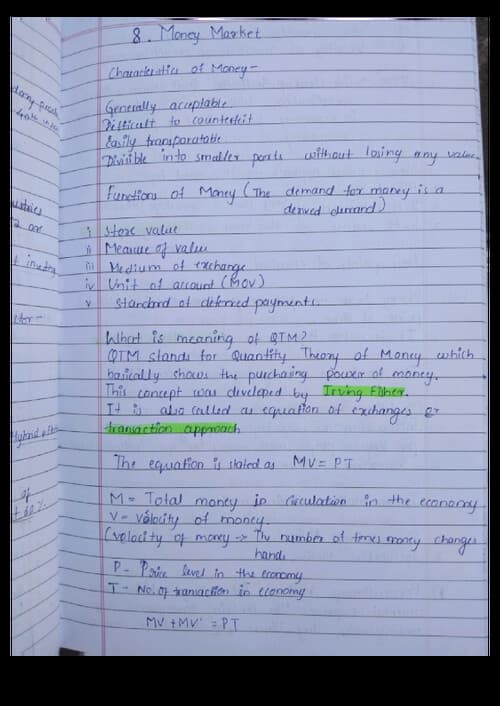 First page of Money Market (eco) Handwritten and shorts notes for MCQ