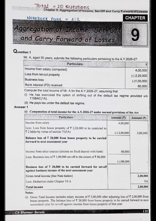 First page of Set off and carry forward of losses Question Book by BB Sir for May 26.
