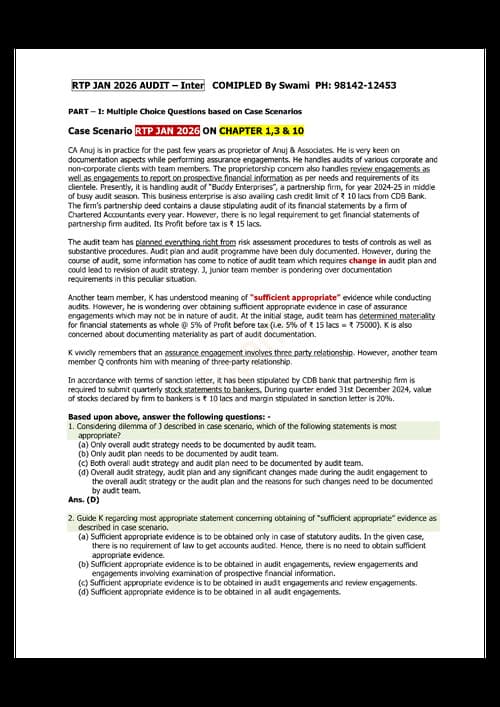 First page of Audit inter RTP Jan 2026 - Compiled by Swami sir ( Every topic on which the question is based is mentioned alongside the question for easy revision)