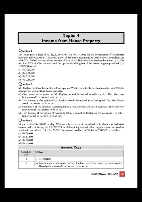 First page of Income tax - House property MCQ and Case scenarios for practice by Bhanwar borana (BB virtuals)