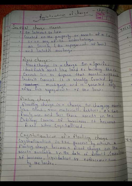 First page of Registration of charges handwriting notes