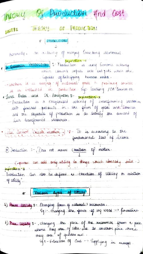 First page of Subject:- Economics Chapter:- Theory of production and cost