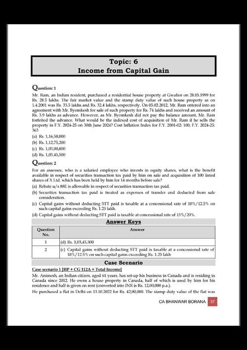 First page of Income tax - Capital gain MCQ and Case scenarios for practice by Bhanwar borana (BB virtuals)