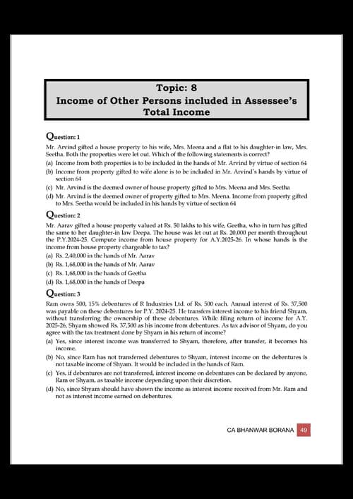 First page of Income tax - Clubbing MCQ and Case scenarios for practice by Bhanwar borana (BB virtuals)