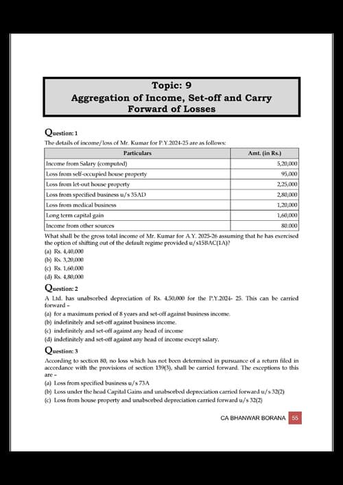 First page of Income tax - set off and carry forward of losses MCQ and Case scenarios for practice by Bhanwar borana (BB virtuals)p