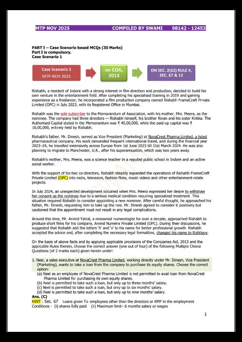 First page of Law inter MTP Nov 2025 - Compiled by Swami sir (Every topic on which the question is based is mentioned alongside the question for easy revision