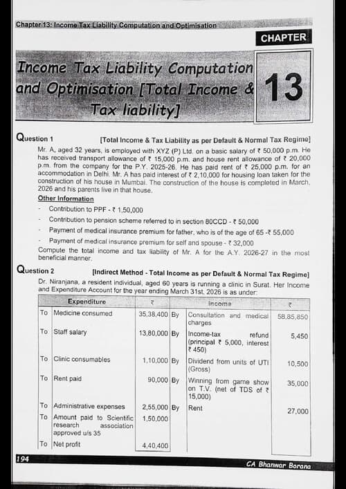 First page of Total Income and Tax Liability Computation Questions by BB Sir for May 26 and onwards.