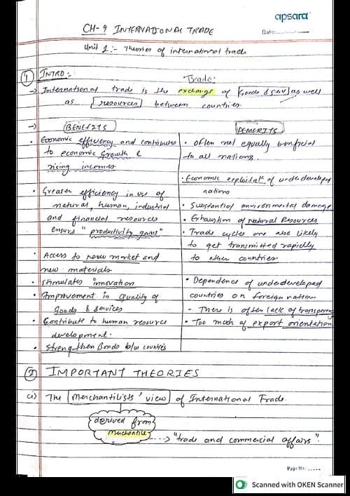 First page of Chp. 9 - International Trade - Economics - Handwritten Notes