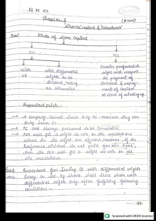 First page of Share Capital & Debentures Handwritten Notes - CA Abhishek Bansal Detailed Revision & Summary Notes !